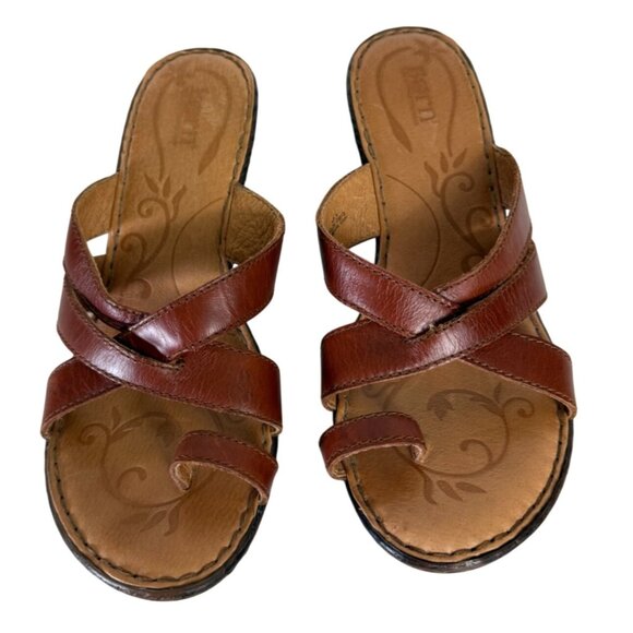 Born Leather Wedge Sandals Size 9 Brown Criss Cross Straps Open Toe Comfortable - Picture 3 of 13